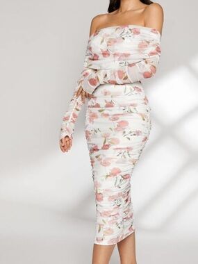 Pink Floral Print Off Shoulder White Long Sleeve Ruched Dress (size 6)